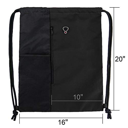 Large Black Drawstring Gym Bag with Water Bottle Mesh Pockets