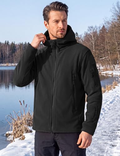 Men's Black Large Tactical Fleece Hoodie Jacket - Warm Winter Outdoor Coat
