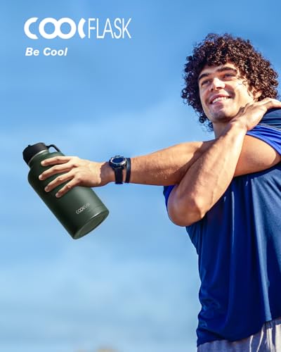 Coolflask 64oz Dark Green Insulated Half Gallon Water Bottle with Straw & Leakproof Lids