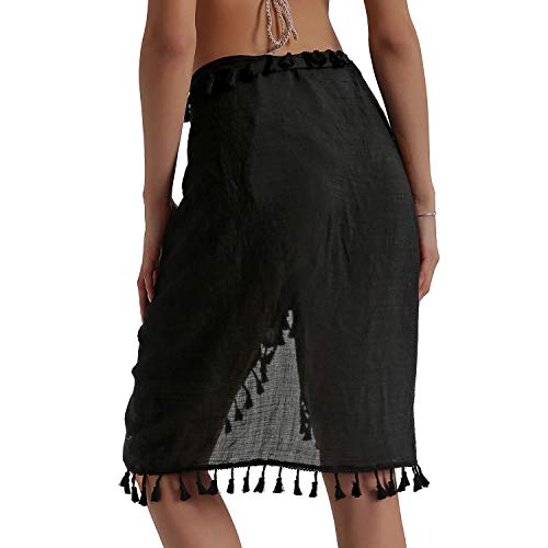 Beach Sarong Pareo Cover Up for Women - Black Short Skirt with Tassels