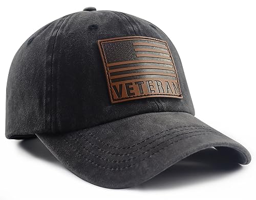 Black GzacDeope American Flag Veteran Baseball Cap for Men & Women, Adjustable Cotton Leather Patch, Patriotic Military Hat