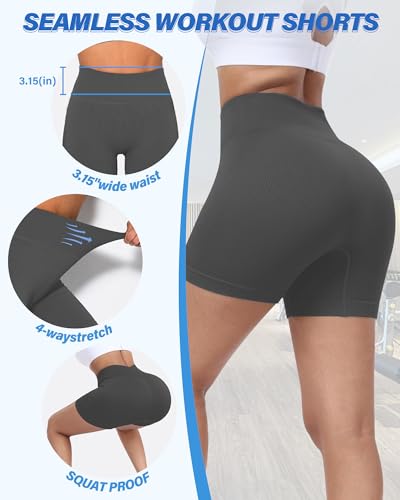 High Waist Biker Shorts for Women - Seamless Ribbed - Grey, Small