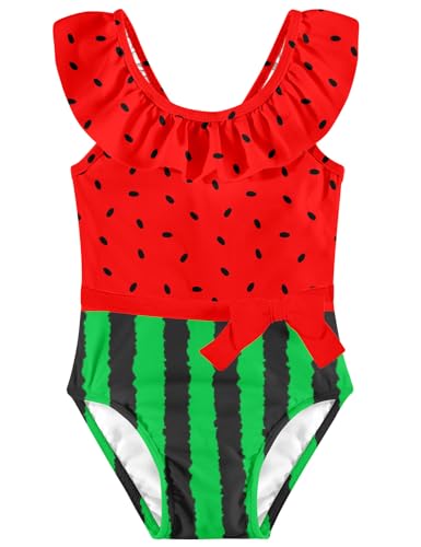 Girls One Piece Swimsuit - Cute Ruffle Bathing Suit, 4-5T - Red & Green Watermelon