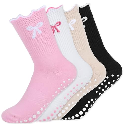 Pilates Grip Socks for Women - 4 Pairs with Bow & Hearts - Black, Off-White, Brown, Coffee