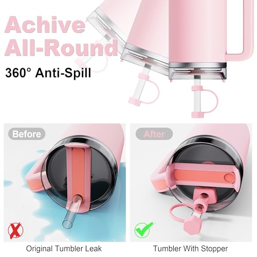 Stanley Cup Accessories Set - 3 Flower Straw Toppers, Silicone Boot, Spill-Proof Stoppers & Charms - Pink
