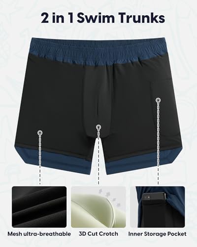Maamgic Men's Swim Trunks with Compression Liner 5-inch Nylon Quick Dry - Medium Navy & Black