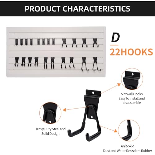 Slatwall Accessories 22 PCS Heavy Duty Garage Hooks Slatwall Panel Hooks Slat Wall Hanging Hook for Bike Ladder Garage Storage System Accessory Multi Size Utility