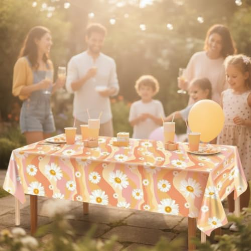 Plastic Groovy Tablecloths - 3 Pieces Hippie Daisy Rainbow
