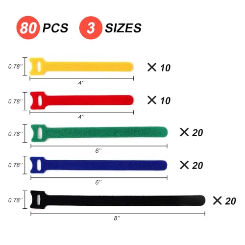 80 PCS Reusable Cable Ties - Adjustable Hook and Loop Cord Wraps - Multicolor