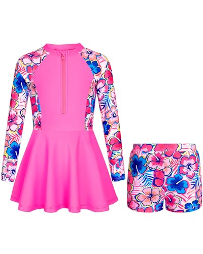 HOZIY Girls Long Sleeve Swimsuit Two Piece Rash Guard Dress with Swim Shorts - Fuchsia Floral, 11-12 Years, UPF 50+