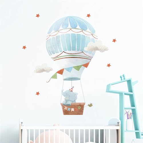 Cute Baby Elephant Hot Air Balloon Stars Wall Stickers, sacinora Cartoon Animal Wall Decals Removable Vinyl Peel and Stick for Kids Baby Nursery Bedroom Toddler Room Kindergarten Art Decorations