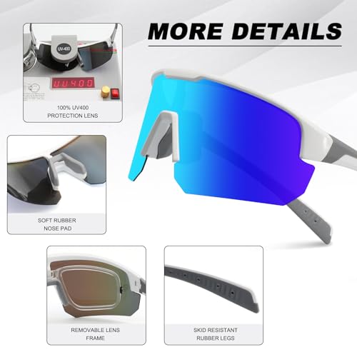 BangLong White Frame Blue Lens Polarized Sports Sunglasses UV400 Protection for Men & Women