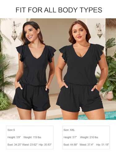 Smismivo Black Large Swim Romper with Built-in Bra, Pockets, Full Coverage One-Piece