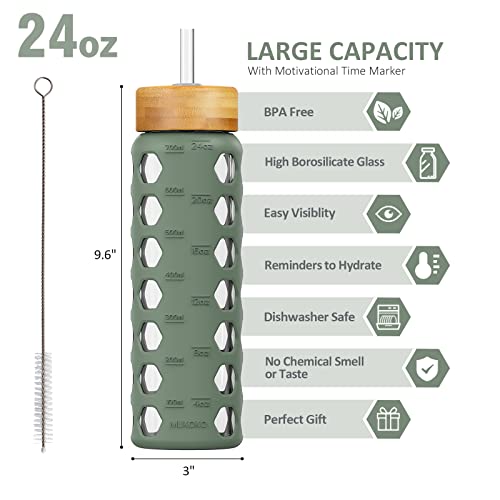 MUKOKO 24oz Glass Water Bottle with Olive Silicone Sleeve & Dual Lids