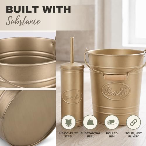 Autumn Alley Rustic Farmhouse Bathroom Trash Can & Toilet Brush Set - Antique Gold, 2 Gal.