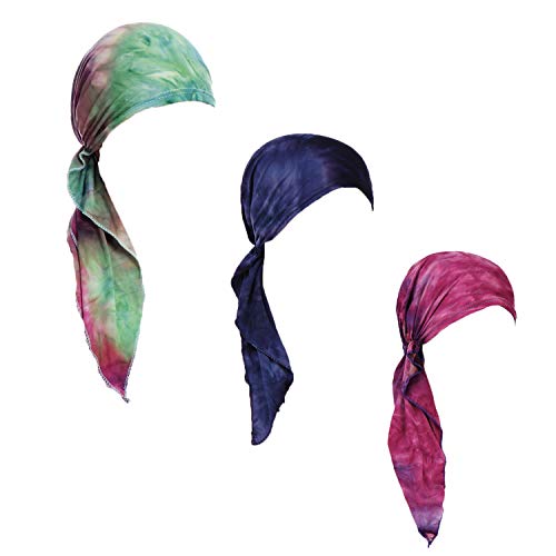 Qovelly Pre Tied Chemo Head Scarf Set - 3 Pack Long Style Beanies for Women, Dye Tie Variation L14