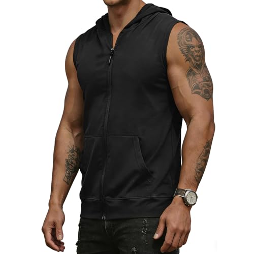 Lexiart Men's Workout Hooded Tank Top Zip Up Slim Sleeveless Hoodie Large Black