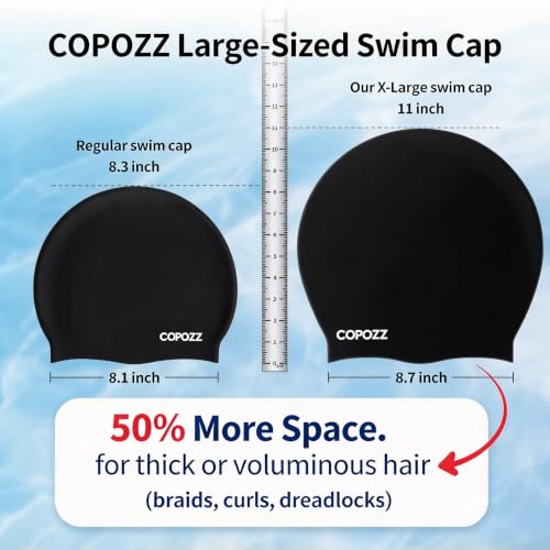 COPOZZ Black Extra Large Swim Cap for Braids & Long Hair - Comfortable Silicone Design