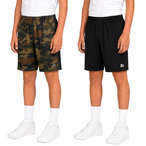 RBX Boys 2 Pack Breathable Mesh Basketball Shorts with Pockets - Green Black Camo, Kids Gym Activewear