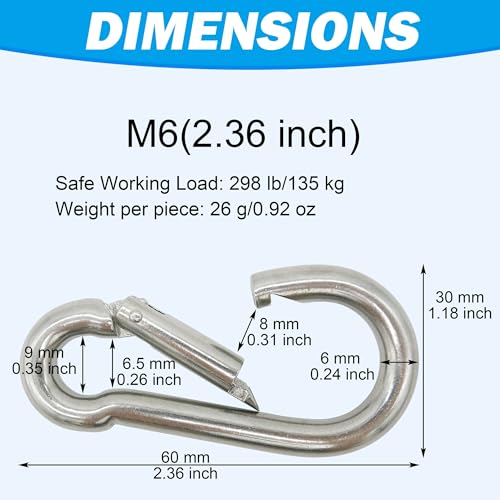 Heavy Duty 304 Stainless Steel Carabiners - 6-Pack, 2.36" (M6)