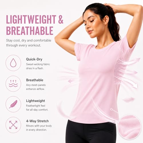 Seamless Short Sleeve Athletic Workout Shirt - Breathable Gym Top - Pink