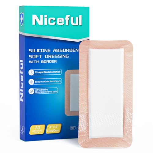 Niceful 4x8 Inch Silicone Super Absorbent Wound Dressing - Self-Adhesive, Large Bandages for Heavy Exudate, Bed Sores & Surgical Incisions