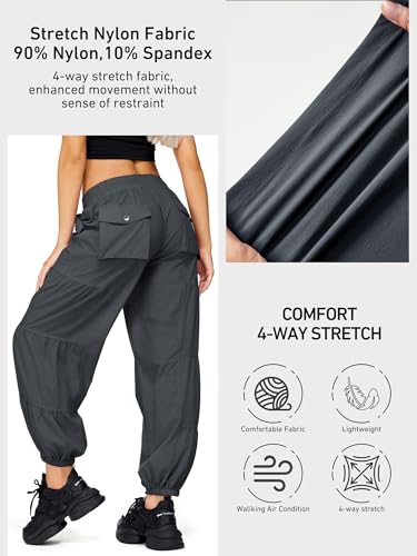 Cargo Pants for Women - Elastic Waist Wide Leg with 4 Pockets - Dark Grey, Medium
