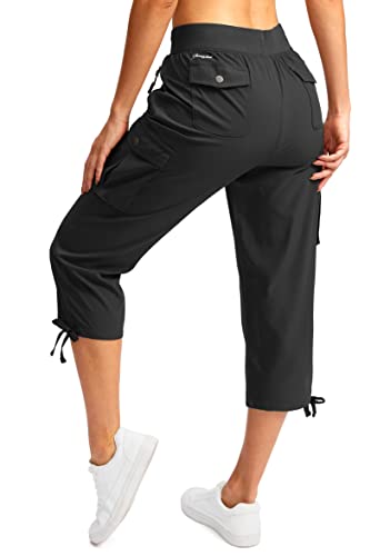 Lightweight Women's Cargo Capris Pants - 6 Pockets, Quick Dry, Large Black