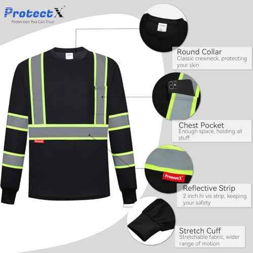 ProtectX High Visibility Shirts Hi Vis Long Sleeve Shirts for Men Women Reflective Class 2 Safety Shirts 2 Pack
