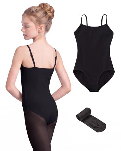 Stelle Girls Camisole Leotards with Tights for Ballet, Gymnastics & Dance - 12-14 Years, Black