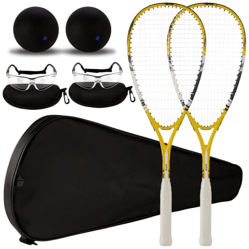 Beginner Squash Racquet Set - 2 Racquets, Goggles & Bags - Yellow