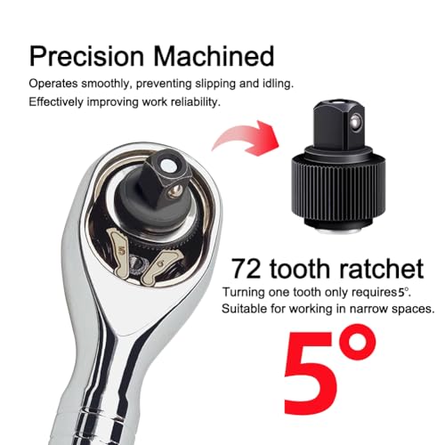 3/8-Inch Drive Ratchet Wrench, 72-Tooth Stubby Quick-Release Socket Wrench with a Extension Bar(5 inch), Reversible Switch, Chrome Alloy Made, Full-Polished Chrome Plating