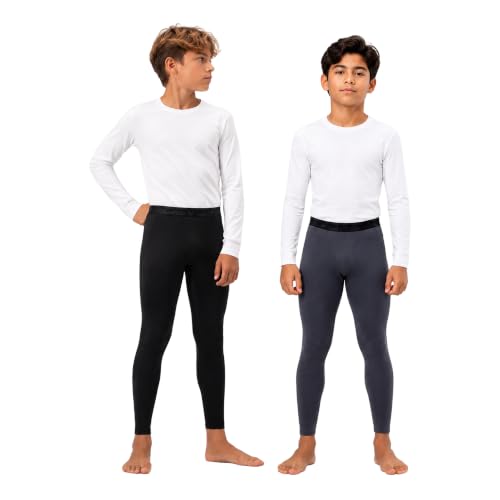 Youth Thermal Compression Leggings - Fleece Lined Long Johns, Medium Black/Charcoal