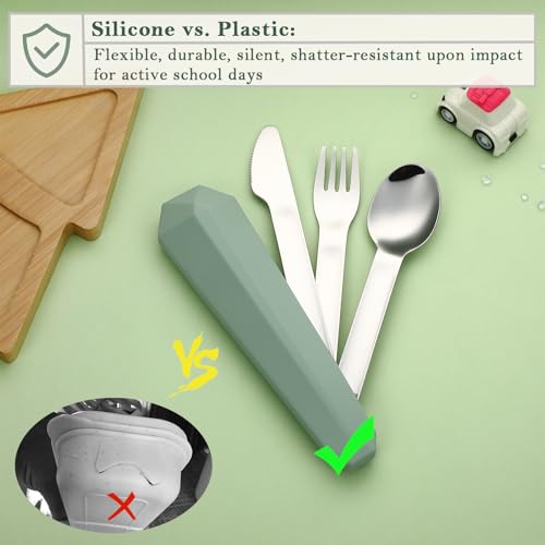 Portable Lunch Utensils Set - 4 Pcs Silverware with Case, Green