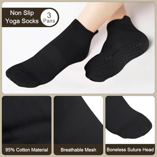 Yoga Socks for Women - Non-Slip Cotton Ankle Socks, 3 Pairs Black