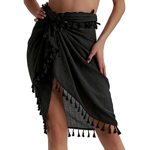 Beach Sarong Pareo Cover Up for Women - Black Short Skirt with Tassels