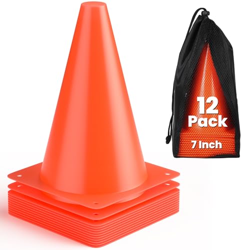Agility Training Cones - 7 Inch, 12 Pack, High Visibility Orange