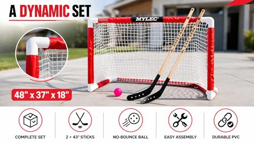 Deluxe Hockey Set with Goal, 2 Sticks & Soft Ball - Red/White