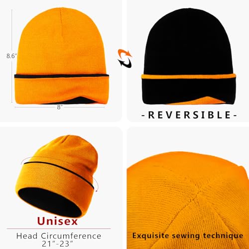 Warm Winter Beanie Hat for Men & Women - Double-Sided Black/Orange