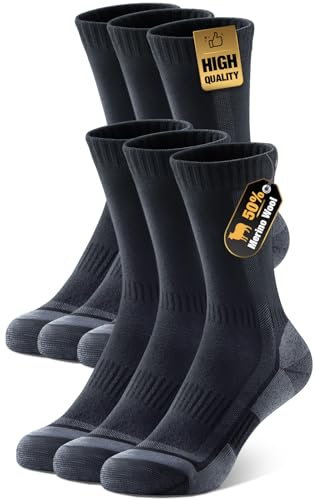 PULIOU Merino Wool Hiking Socks 3 Pairs Large Black - Breathable, Seamless Toe, Arch Support