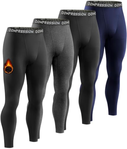 Dalavch 4 Pack Men's Thermal Compression Pants Fleece Lined Leggings Large Black Heather Gray Blue