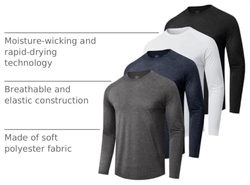 BOOJO 4 Pack Long Sleeve Performance T-Shirts for Men – Quick Dry, Moisture Wicking (Small, 4-Color Heather Black/Dark Grey/Navy/White)
