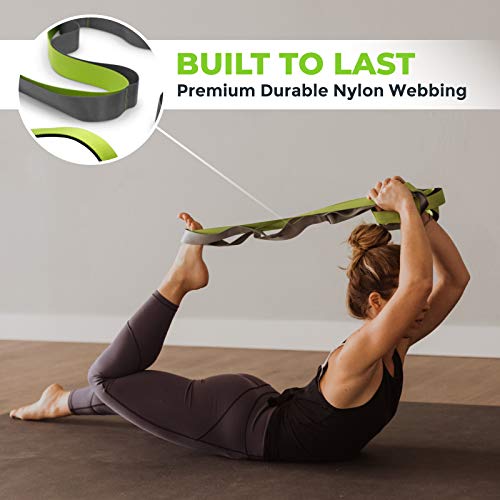 Stretching Strap for Physical Therapy - 8' Long, 12 Loops, Green/Grey