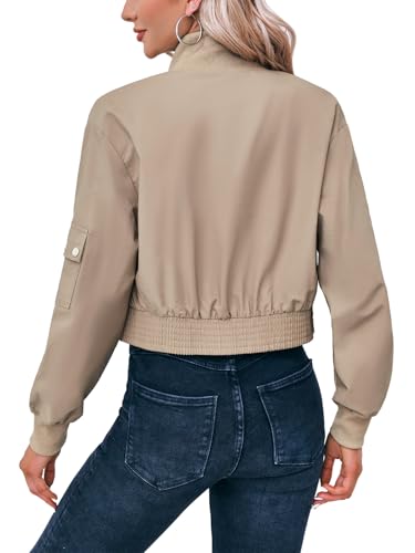 Fisoew Women's Cropped Khaki Bomber Jacket X-Small Lightweight Zip Up Coat