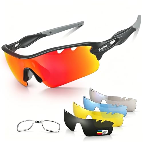 Polarized Sports Sunglasses with 5 Interchangeable Lenses - Black+Gray