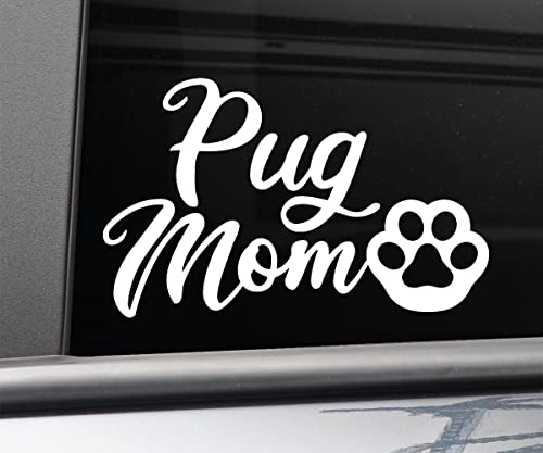 Pug Mom Vinyl Decal - 5.5 x 3.5 Inch White Sticker for Car or Laptop