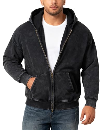 BlissBuggy Men's Acid Wash Black Oversized Zip Up Hoodie Small Heavyweight Cotton Fleece Vintage Sweatshirt