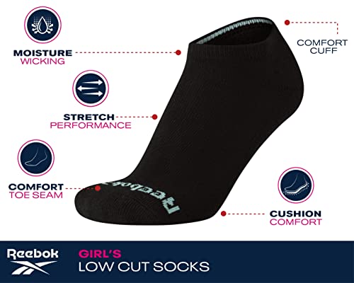Reebok Girls Low Cut Athletic Socks 6 Pack Medium White Multi - Performance, Moisture-Wicking, No-Show Fit