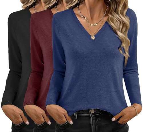 Long Sleeve V-Neck T-Shirts for Women - Casual Fall Tops, Basic Base Layer, 3 Pack