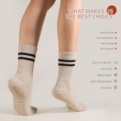 Pilates Socks for Women with Grips - 4 Pairs, Sizes 6-9/9-11, Khaki+Gray+Black+White